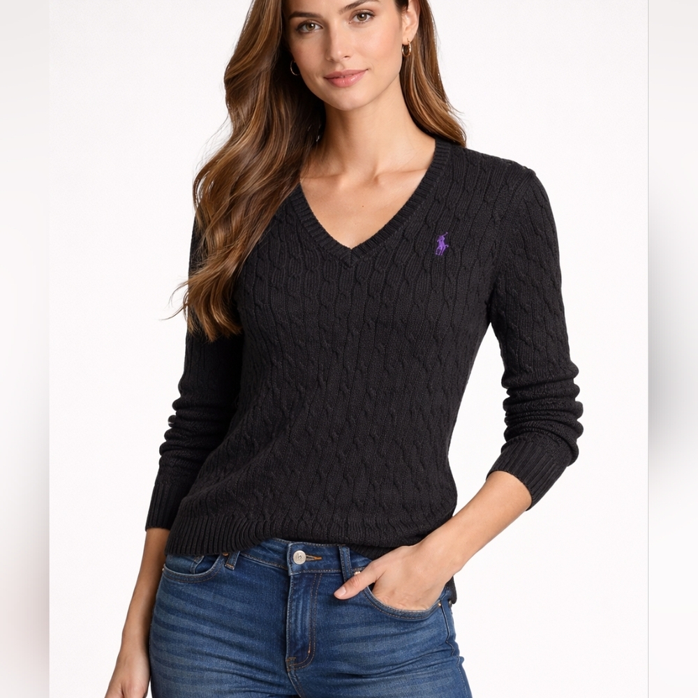 Polo by Ralph Lauren Women's Black Cable-Knit V-Neck Sweater with Purple Pony